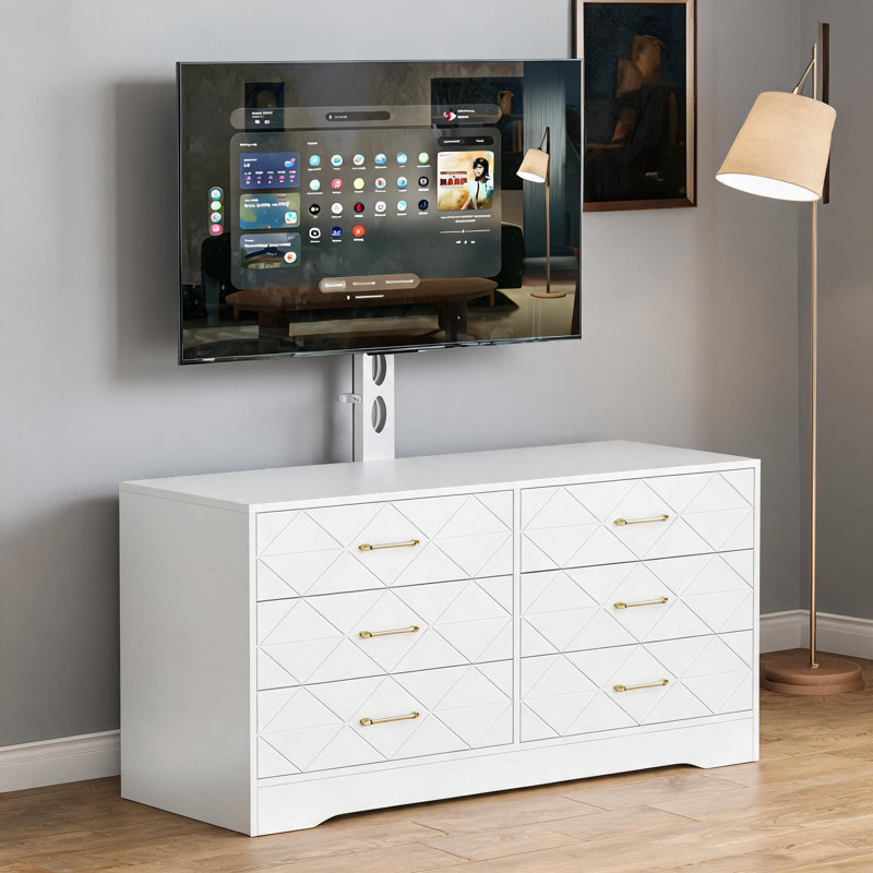 Commode 6 tiroirs blanche avec façade en losange texturée et poignées dorées, commode double longue et large, commode télé moderne pour la chambre à coucher