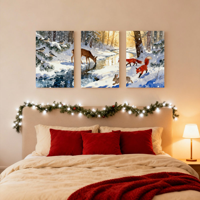 Ensemble de 3 tableaux sur toile tendue représentant des animaux de la forêt hivernale dans un paysage enneigé