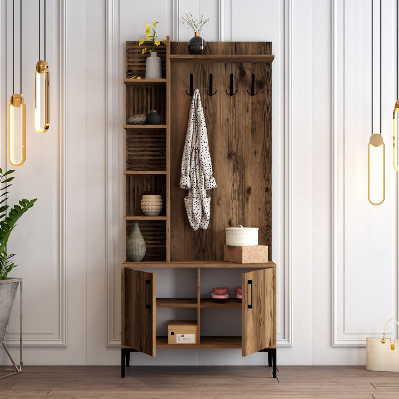 Arbre d'entrée de 35,4 po de largeur avec rangement pour chaussures, Noyer