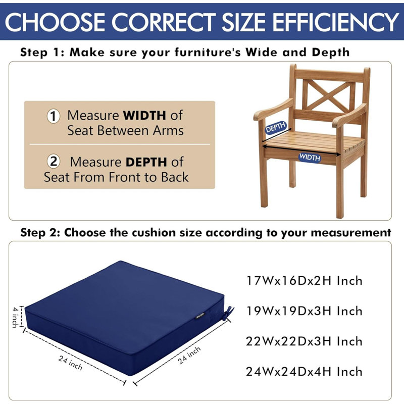 Outdoor Chair Cushions 24 X 24 Inch Waterproof Patio Chair Cushions With Tie 5 Year Color Fastness Thick Outdoor Seat Cushion For Garden Lawn Patio