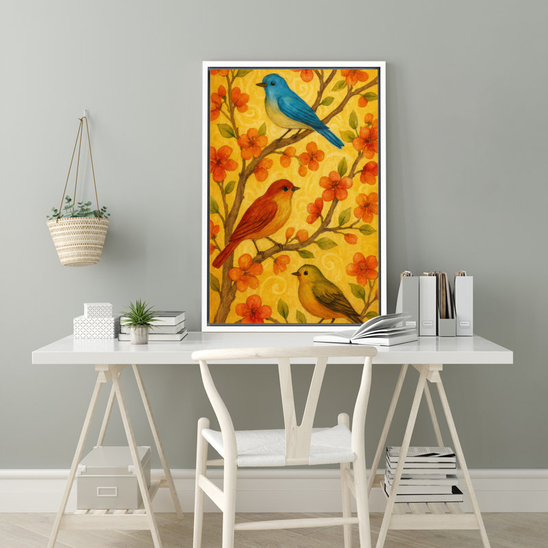 «Colorful Songbirds on Spring Blossoms» sur fond jaune chaleureux - reproduction d'art sur toile encadrée