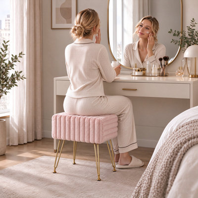 Smelser Modern Striped Faux Fur Vanity Stool with Metal Legs, Makeup Ottoman & Footrest for Bedroom