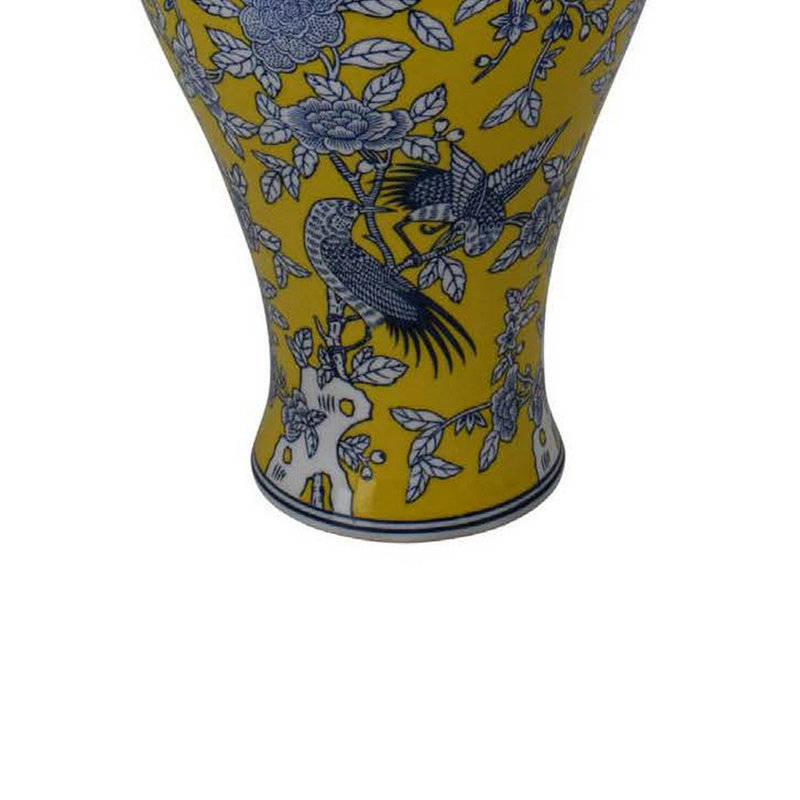 Chris Decorative Jar, Yellow Bird And Floral, Blue Ceramic 20 Inch