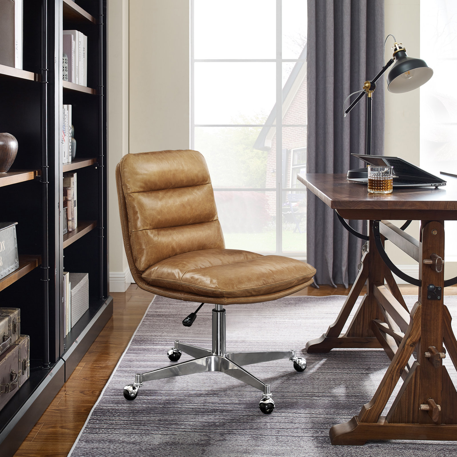 Paynesville Swivel Office Task Chair with Wheels, Brown, Genuine Leather