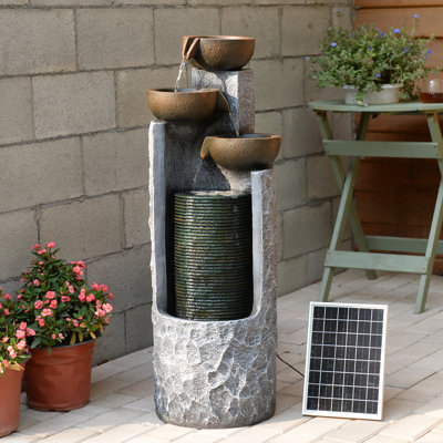 37.7" H Solar Powered Outdoor Water Fountain with LED Lights, 3-Tier Cascading Bowl Resin Waterfall Fountain, Freestanding Garden Water Feature for Patio, Backyard and Courtyard
