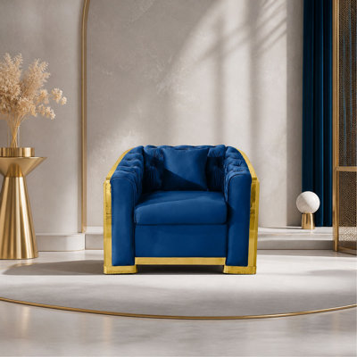 Luxury Velvet Button Tufted Single Sofa,, 40.2" Mid Century Modern Chesterfield Sofa for Living Room with  Stainless Steel Decoration and 1 Pillows,