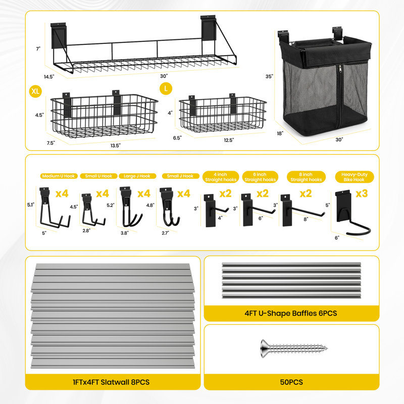 Slatwall Panel 8' X 4' Pvc Garage Organizing System With 29pcs Sports Equipment Accessories Set, Gray