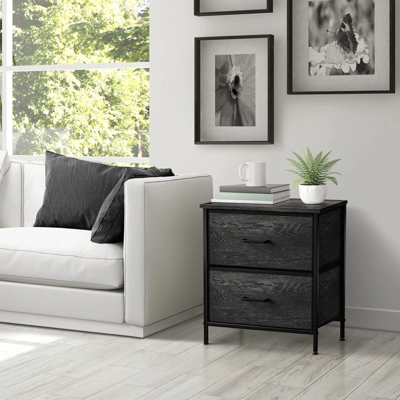 Commode Sorbus avec 2 tiroirs en faux bois et structure en acier - Armoire de rangement pour vêtements, Noir