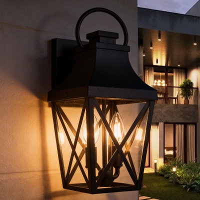 Outdoor Wall Light, Farmhouse Exterior Wall Sconce Porch Lights, Matte Black Outdoor Wall Lantern with Clear Glassg for House, Garage, Front Door