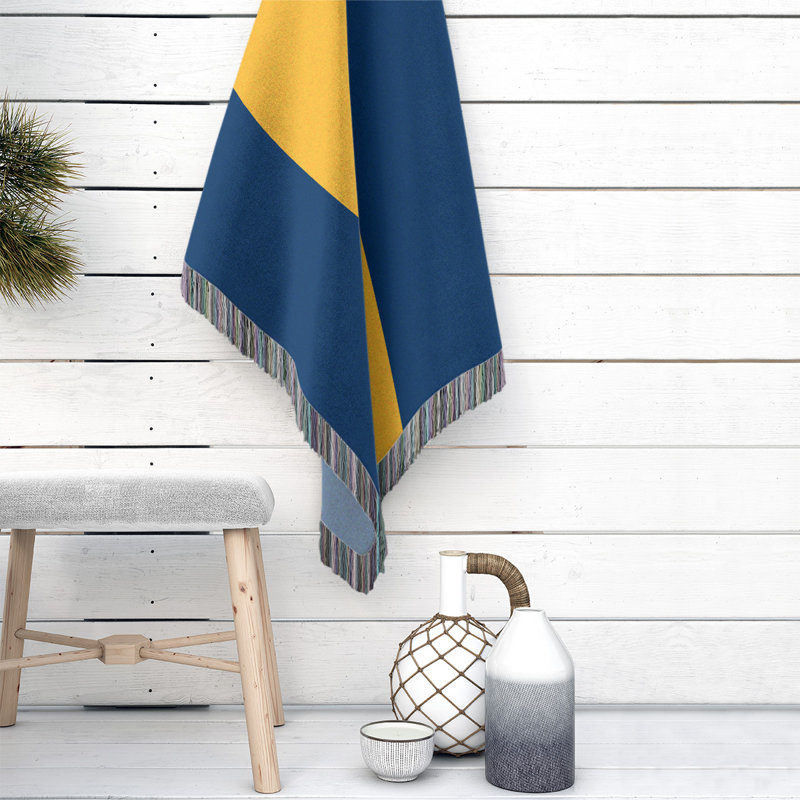 Hand Woven Throw Blanket, 37" x 52", Navy Blue/Gold/Navy Blue, Cotton