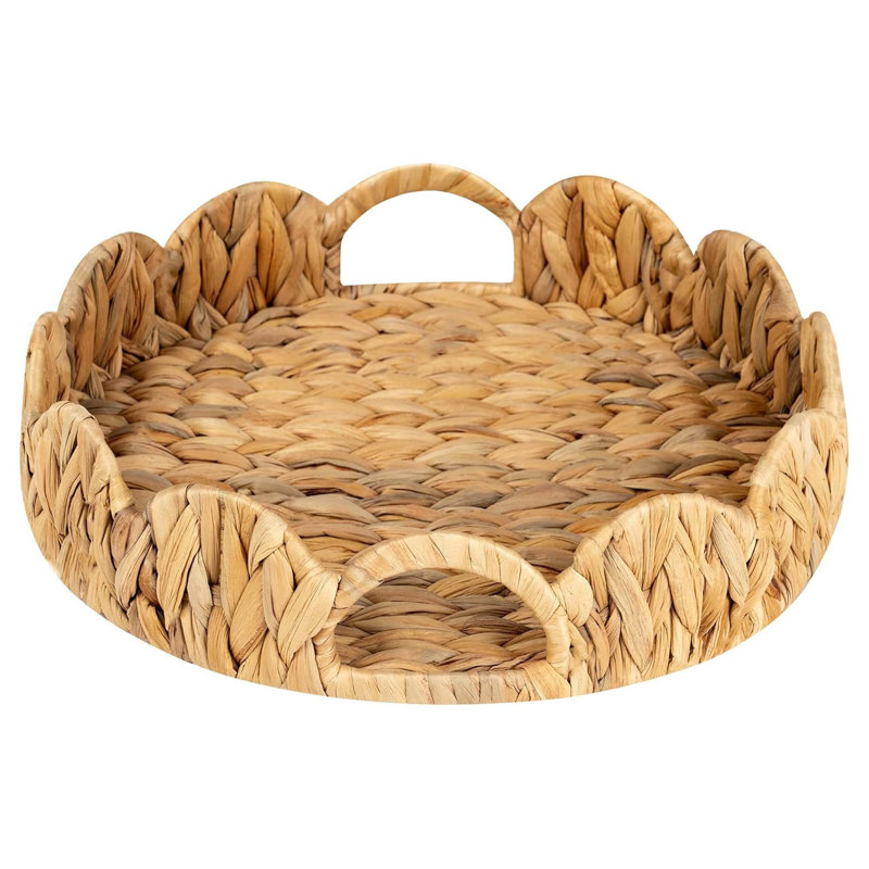 Scalloped Round Wicker Rattan Tray with Cutout Handles Water Hyacinth Basket for Serving and Table Centerpiece