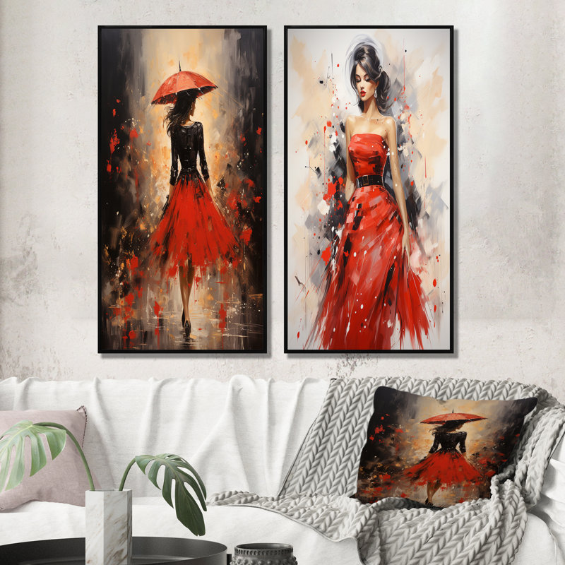 «Red Timeless Glamour Pointillism» «Red Timeless Glamour Pointillism» 2 - pièces sur, Cadre noir, H 40 po x l 40 po