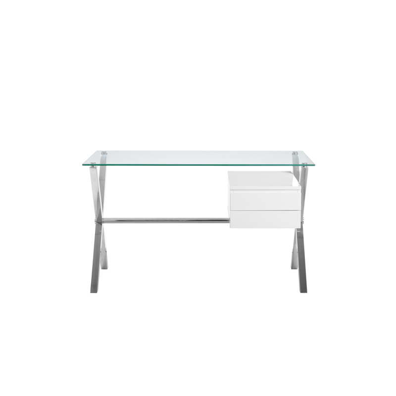Pangea Home Beverly Writing Desk - 51" Modern Writing Desk – Office Desk for Home Workspace or Bedroom- White Lacquer with Silver Steel X-Leg Desk