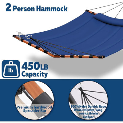 2 Person Hammock Large Hammock 450lb Capacity With V Shaped Hardwood Spreader Bar & Nylon Rope For Outside, Patio, Garden, Backyard, Beach, Poolside