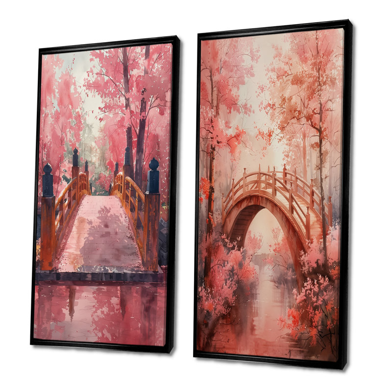Ensemble de 2 pièces d'art mural pont rose de pont «Dreams Blooms III», H 40 po x l 40 po, Cadre flottant noir