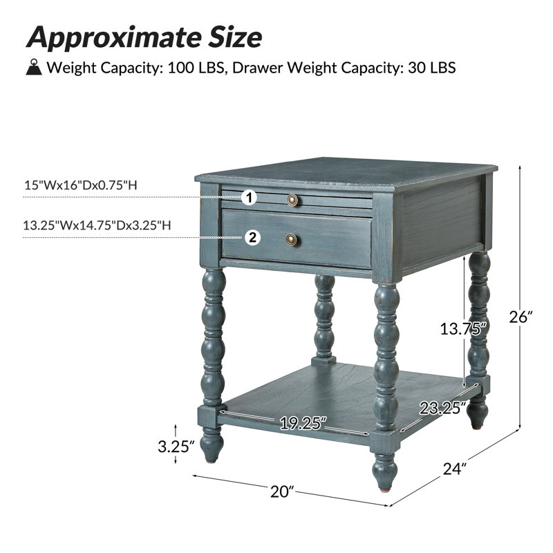 26'' H Solid Wood Rectangular End Table, Blue