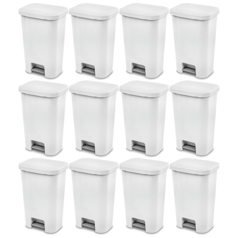 Sterilite 11.9 Gal Rectangle Step On Trash Kitchen Wastebasket, White (12 Pack)