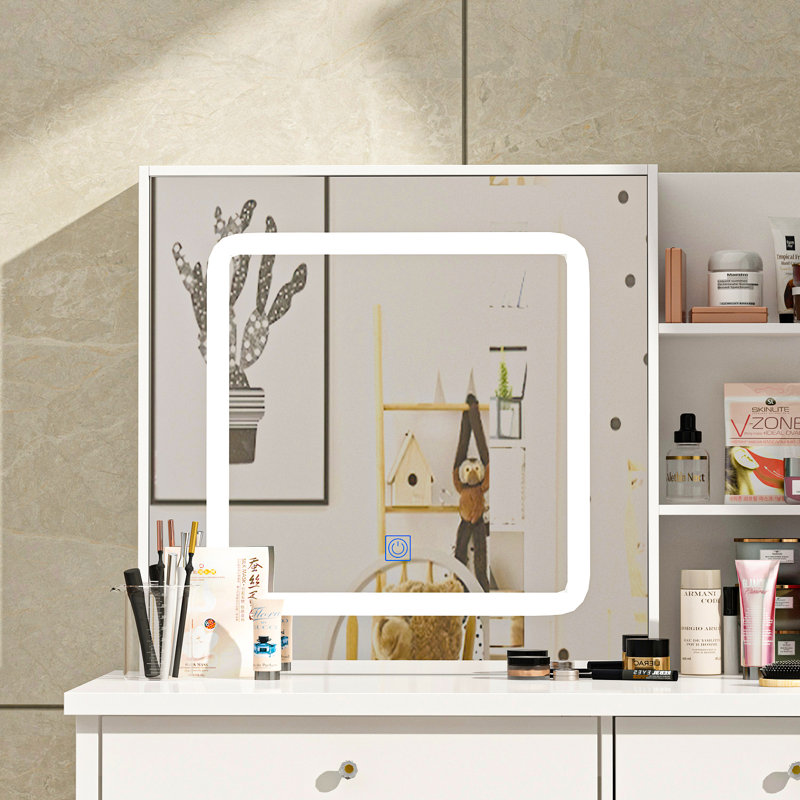 39.4'' Wide Makeup Vanity Set with Stool and LED Mirror, White