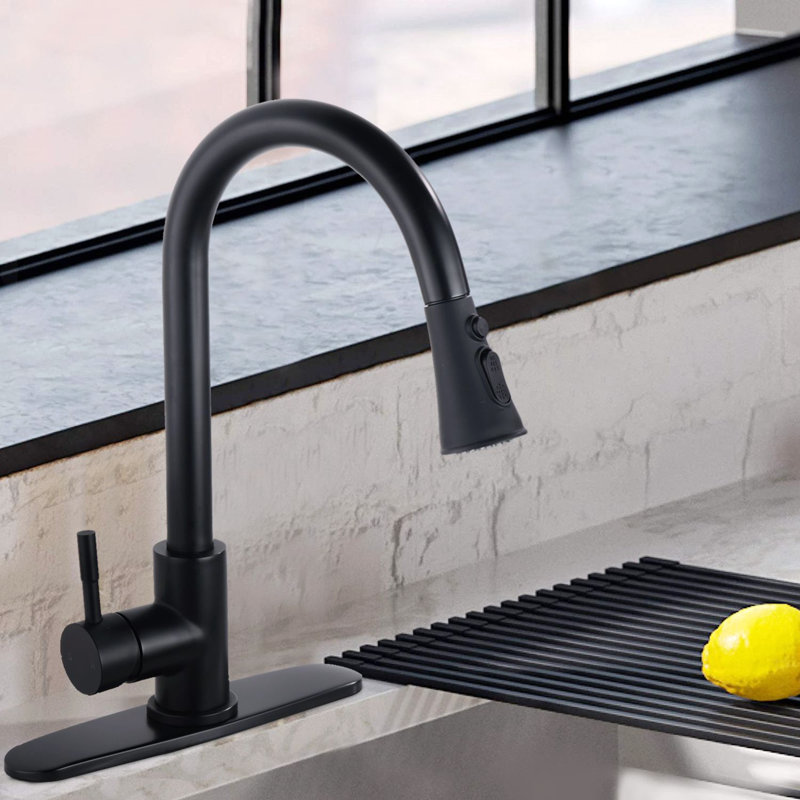 Robinet de cuisine extractible à poignée simple avec douchette latérale, Noir mat