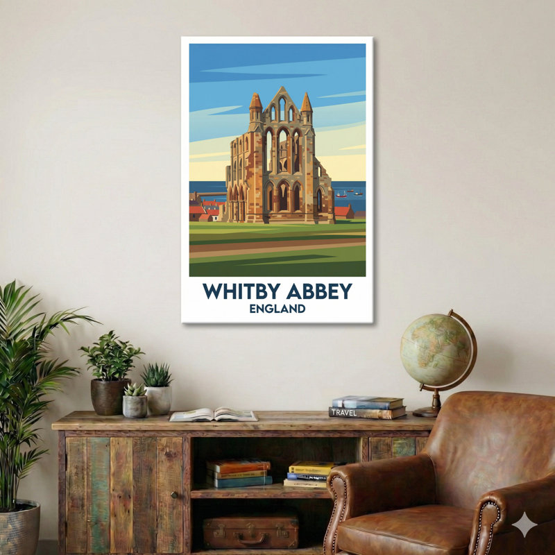 Whitby Abbey, England - Romantic Travel Poster of Gothic Coastal Ruins, North Yorkshire. Giclee Print on Wrapped Canvas. Wall Art, Home Decor - Religious & Cultural Sites, England 1 Piece Wrapped Canvas Wall Art
