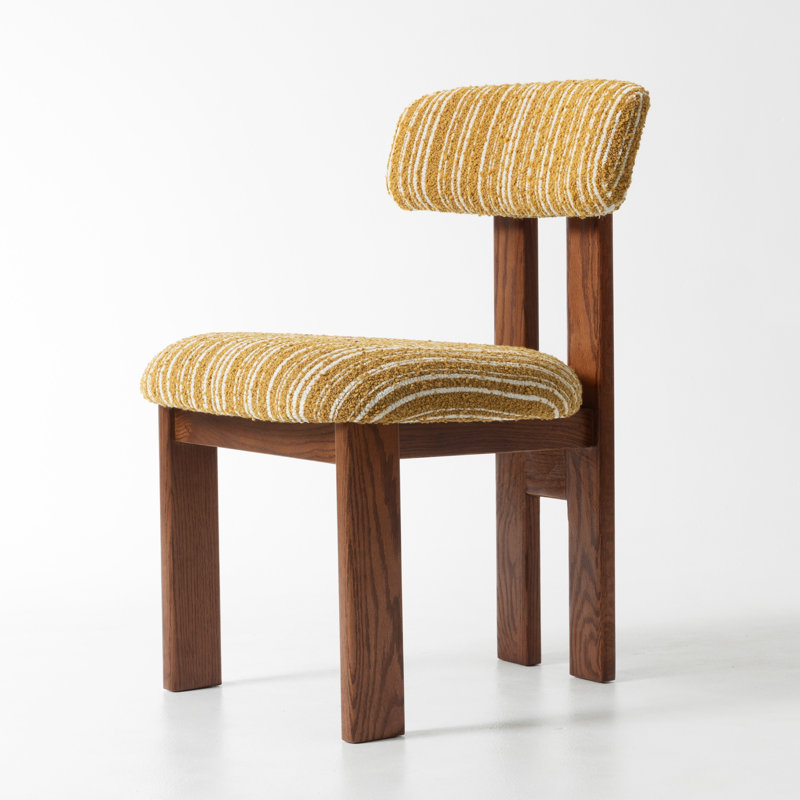 Solid Oak Assembled Boucle Upholstered Dining Chairs, Mustard Boucle