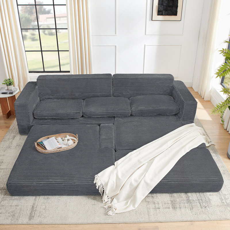 Versatile Modular Sectional Sofa with Transformable Bed Function and Soft Corduroy Cover, Gray