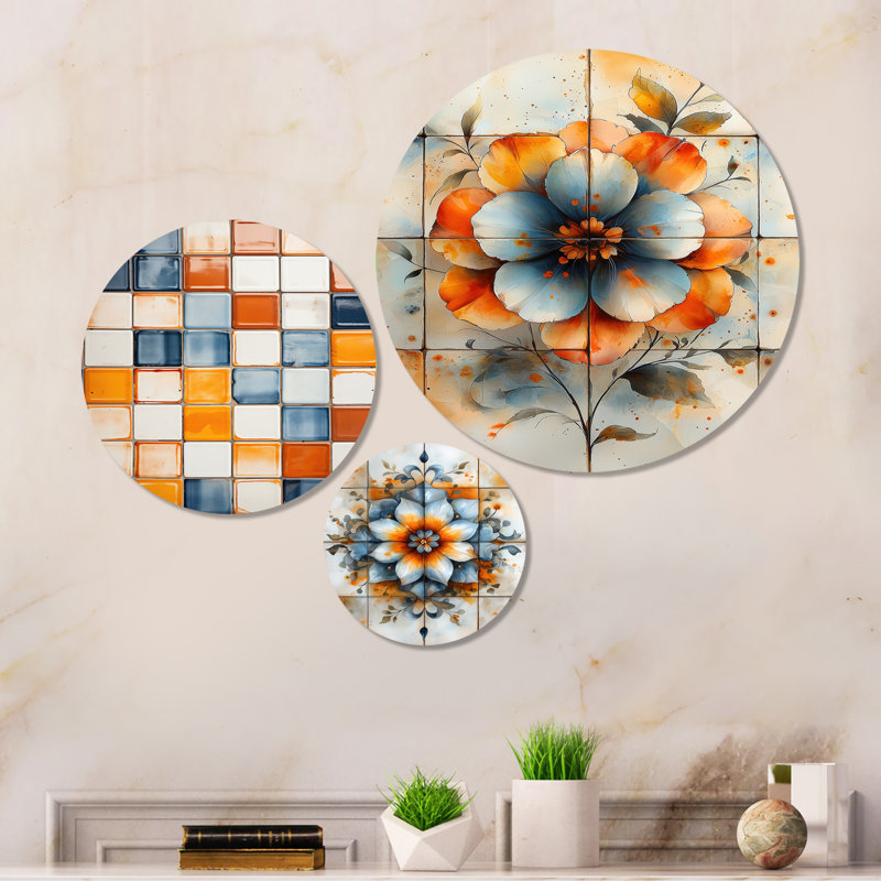 «Orange Blue Azulejo Artistry Boho Tiles I», ensemble de 3 reproductions d'art murales