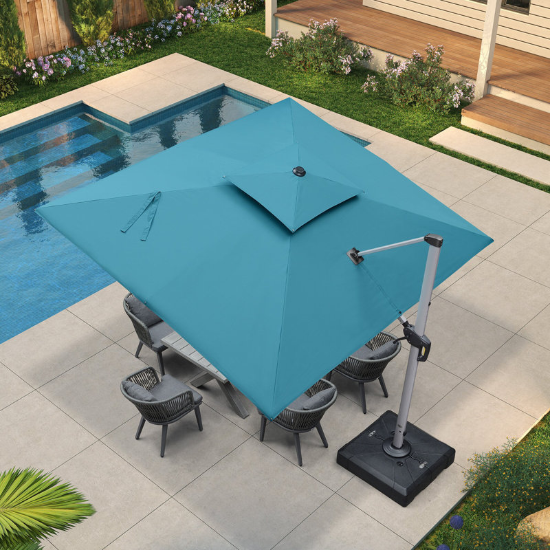 Parasol rectangulaire de luxe en porte-à-faux 9 pi x 11 pi avec base Turquoise, Bleu