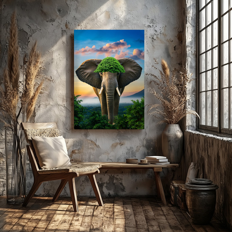 Reproduction d'art sur toile, "A Majestic Elephant S Head Emerges From a Vibrant Landscape", H 12 po x l 9 po