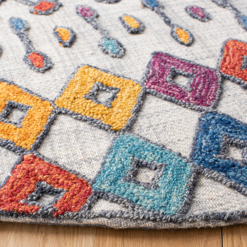 Tapis géométrique en laine / coton touffeté à la main bleu clair / jaune / rouge, Rond 7 pi