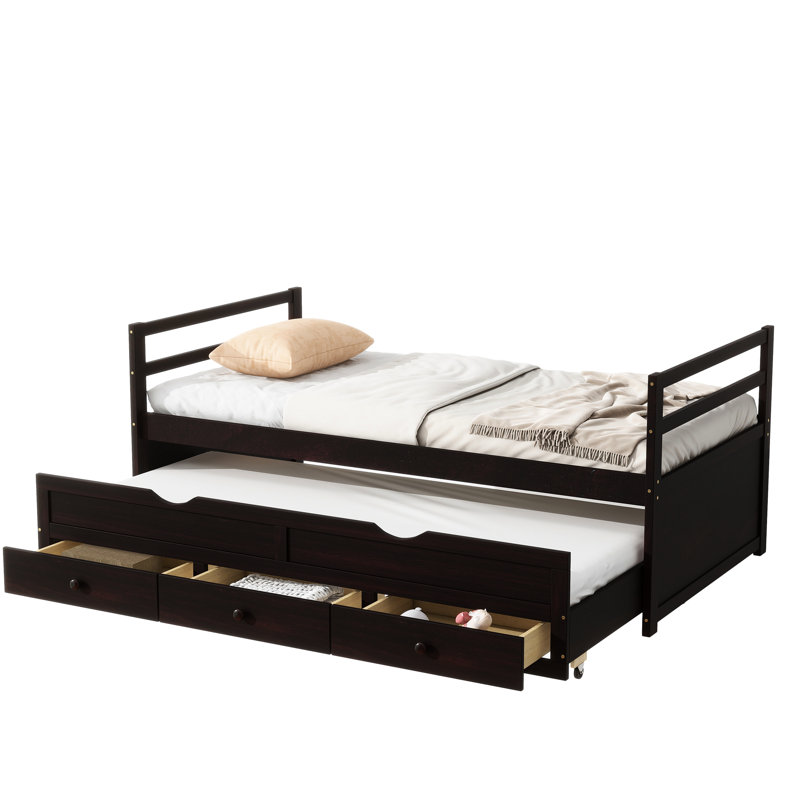 Lit simple avec tête de lit, lit gigogne et tiroirs de rangement pratiques, Espresso