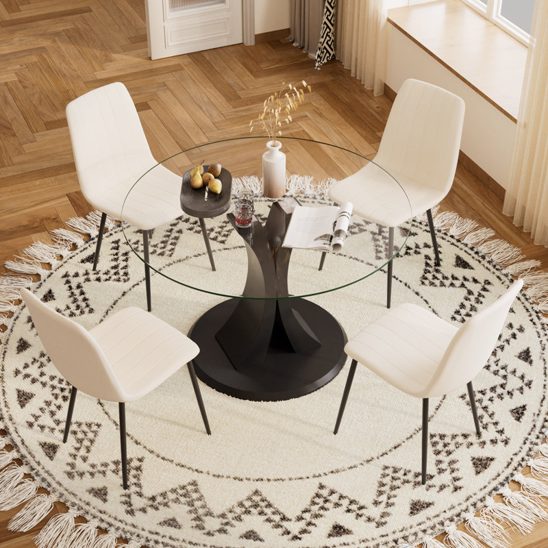 Ensemble de table ronde en verre trempé, 5, Beige