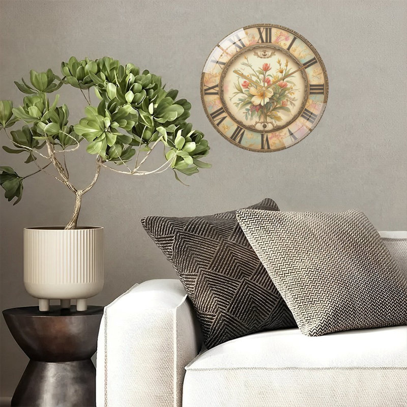 Horloge florale avec chiffres romains - horloge murale moderne en verre 12 po