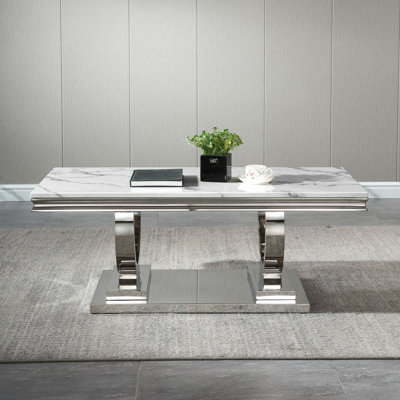 46.85" Coffee Table with White Marble Top, Modern Rectangular Faux Marble Coffee Table with Stainless Steel Pedestal, Luxury Gold Cocktail Center Table for Living Room Office