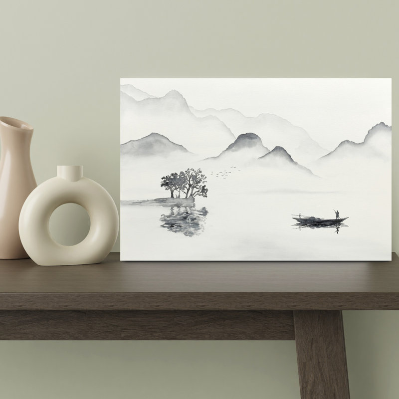 "Morning pêche on an Asian Lake", art mural contemporain, H 18 po x l 12 po