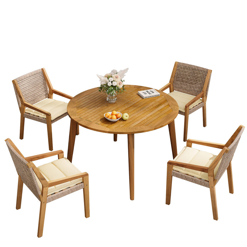 Ensemble repas d'extérieur - Table Stamford en bois d'acacia de qualité supérieure et chaises en osier avec coussin crème pour une expérience culinaire confortable, convient aux grands rassemblements (1 table + 4 chaises)