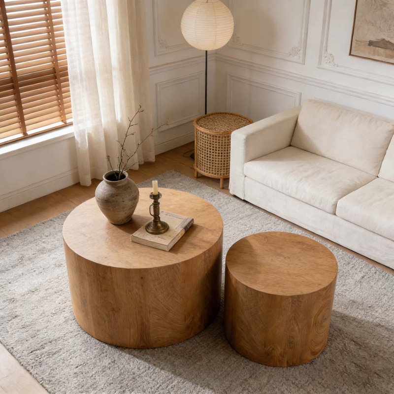 2-Pieces Round Wooden Nesting Coffee Table, Brown
