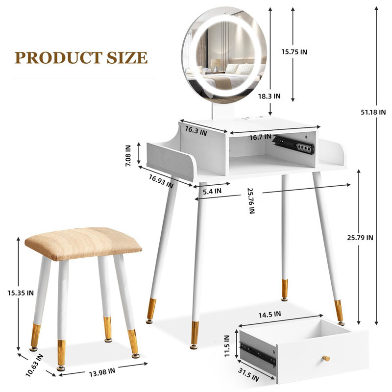 Ensemble de coiffeuse de maquillage avec miroir à luminosité réglable et station de charge, bureau d'habillage avec tabouret rembourré pour chambre de petit espace, pour les enfants