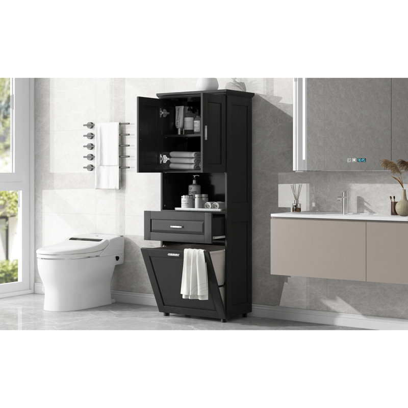 Tall Bathroom Cabinet with Laundry Basket, Black
