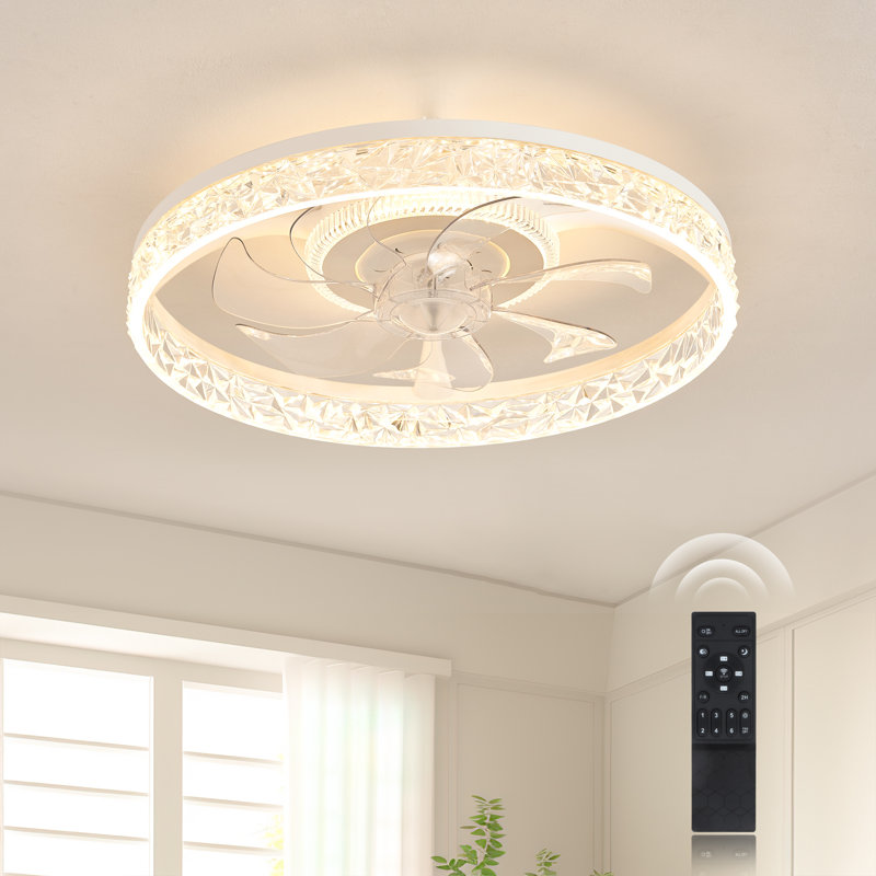 18.9" Low Profile Ceiling Fan With Light, Flush Mount Crystal Ceiling Fan With Remote, 6 Speeds Reversible Quiet Fan Light For Bedroom Living Room