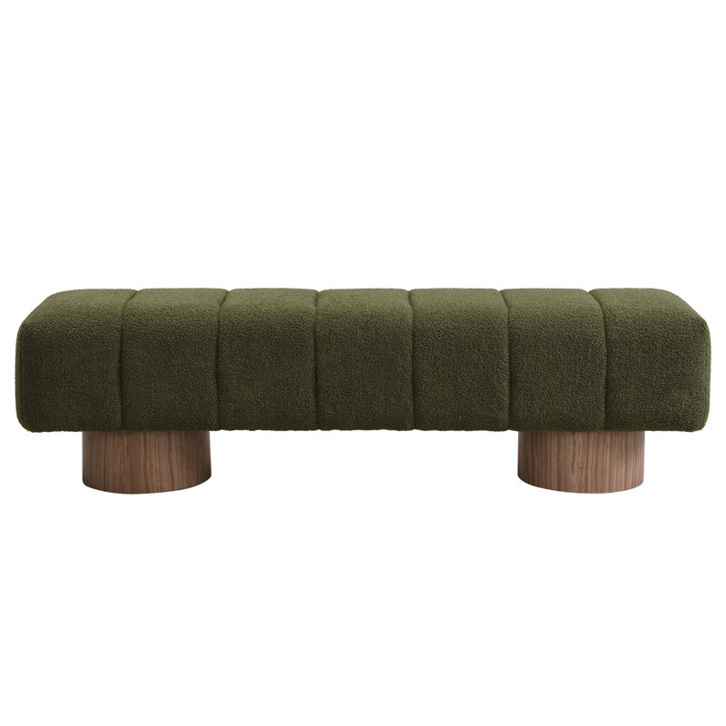Upholstered Dining Bench For Dining Room, No-Assembly End Of Bed Entryway Bench Ottoman For Bedroom Living Room, Green Boucle Fabric Stool Top Wood Leg 300 LBS Weight Capacity