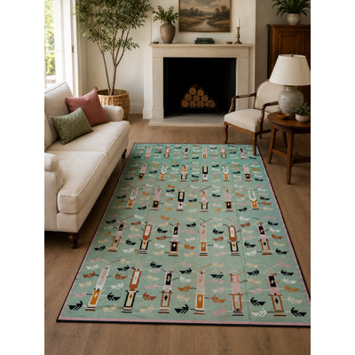 Tapis bleu sarcelle tissé à plat Rare