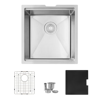 Évier de cuisine encastré sous plan, 45,7 cm x 48,3 cm, en acier inoxydable brossé de calibre 16, avec accessoires intégrés