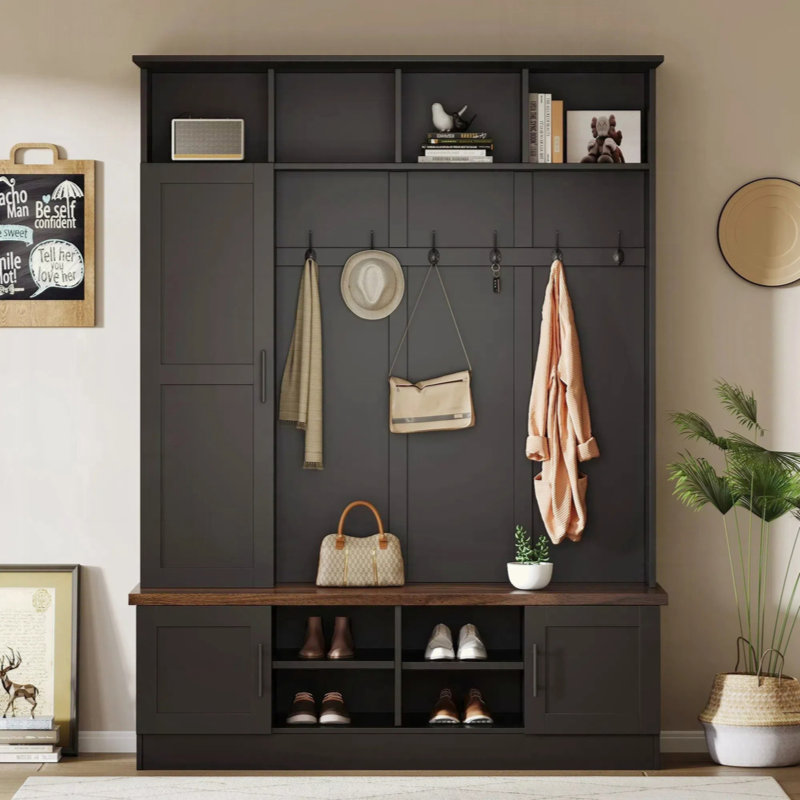 Versatile 3-In-1 Hall Tree With 6 Hooks, Farmhouse Walnut Storage Bench With Adjustable Shelves, 55"W Modern Entryway Coat Rack With Multiple Storage Space For Mudroom, Living Room