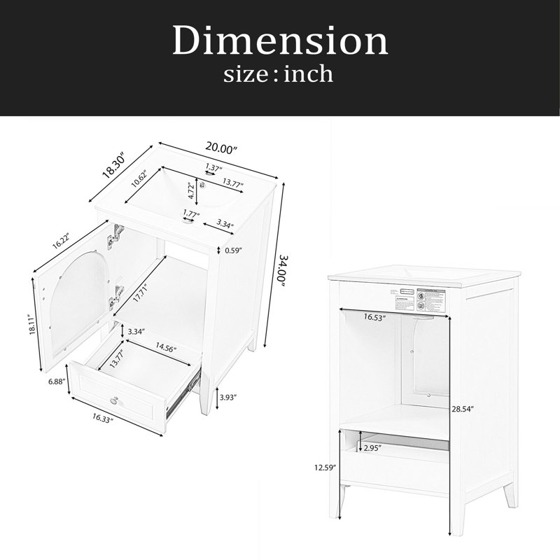 Meuble-lavabo de 20 po avec lavabo, armoire de salle de bain avec porte en verre à fermeture douce, tiroir, Noir