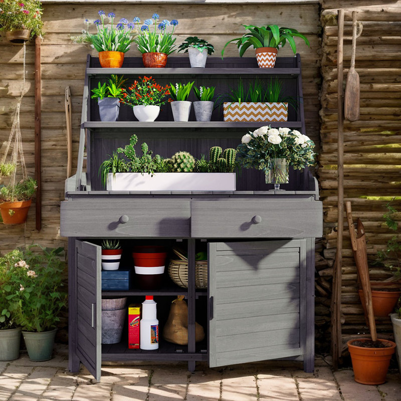 Table de rempotage d'extérieur avec grand espace de rangement, poste de travail en bois de sapin avec tablette de rangement, tiroir et armoire