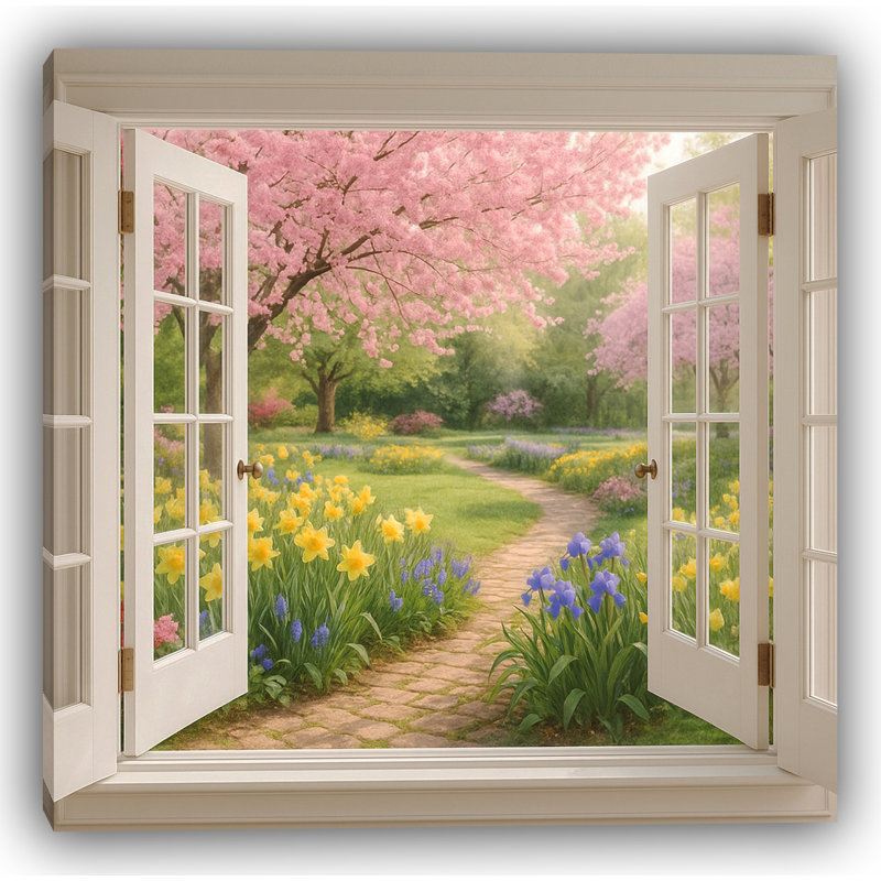 Cherry Blossom Trail - Jonquilles et pétales dans la brise du printemps, H 30 po x l 30 po