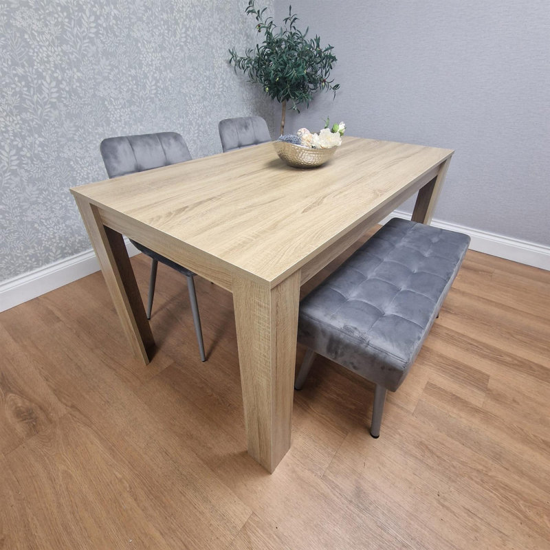 Dining Table and 2 Chairs And Bench Oak Effect Wood Table 1 Grey Velvet Chairs Dining Room, 75" H x 117" L x 77" W, Oak