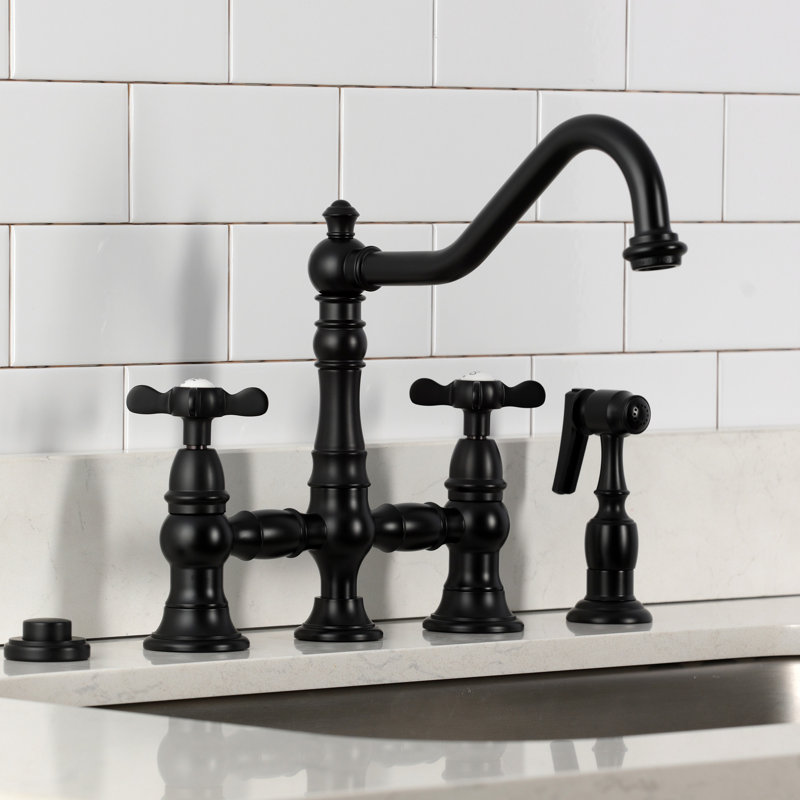 Kingston Brass Essex Two-Handle 4-Hole Deck Mount Bridge Kitchen Faucet With Brass Side Sprayer, Matte Black