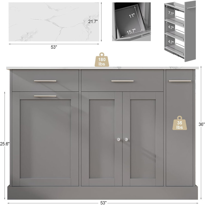 Îlot de cuisine sur roulettes avec rangement pour poubelle, table d'îlot portable pour la cuisine, Blanc / Gris